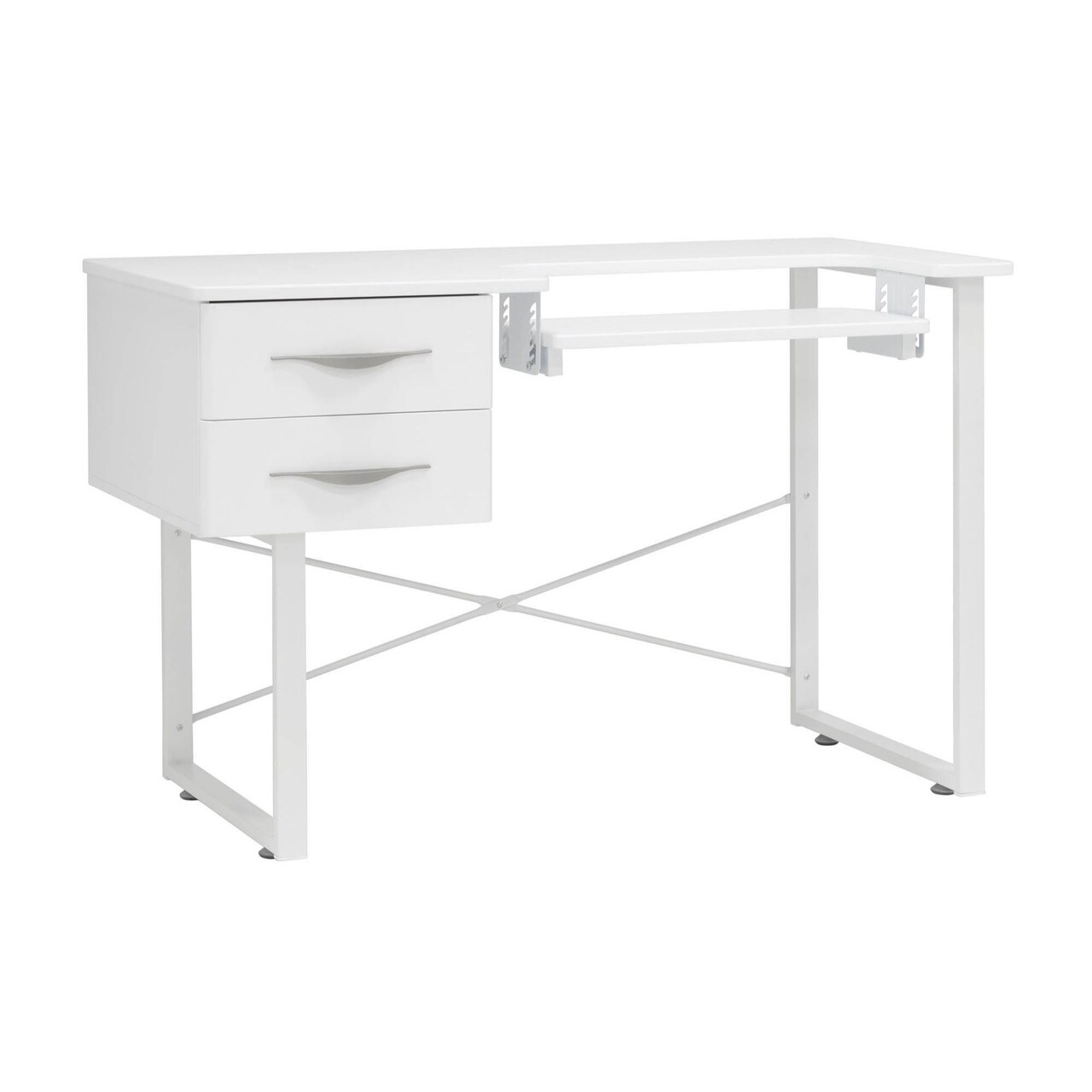 Pro Line Sewing Table, Sewing Machine or Office Desk with 2 Drawers, Fold-Down Top and Height Adjustable Platform - White